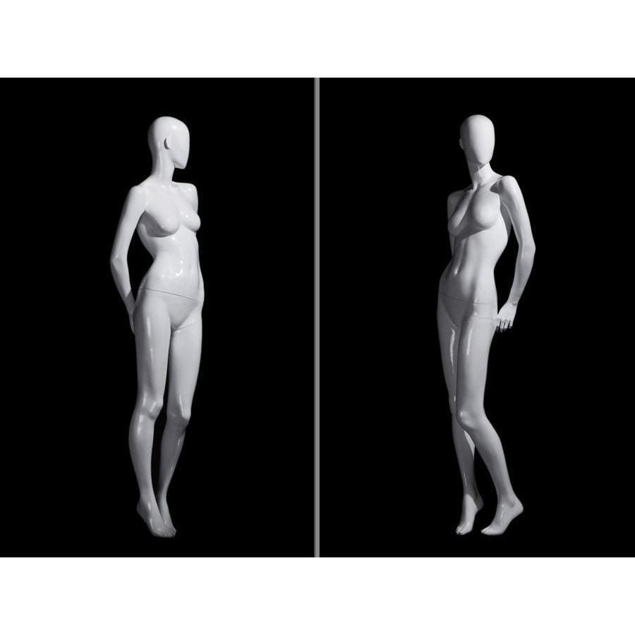 Female full body glossy white abstract mannequin with left arm raised,  Abstract Female Mannequins: Achieve Display
